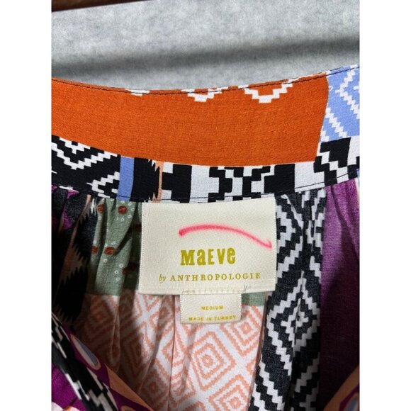 Maeve By Anthropologie Patchwork Top M Puff Sleeves Boho Casual - Picture 4 of 6